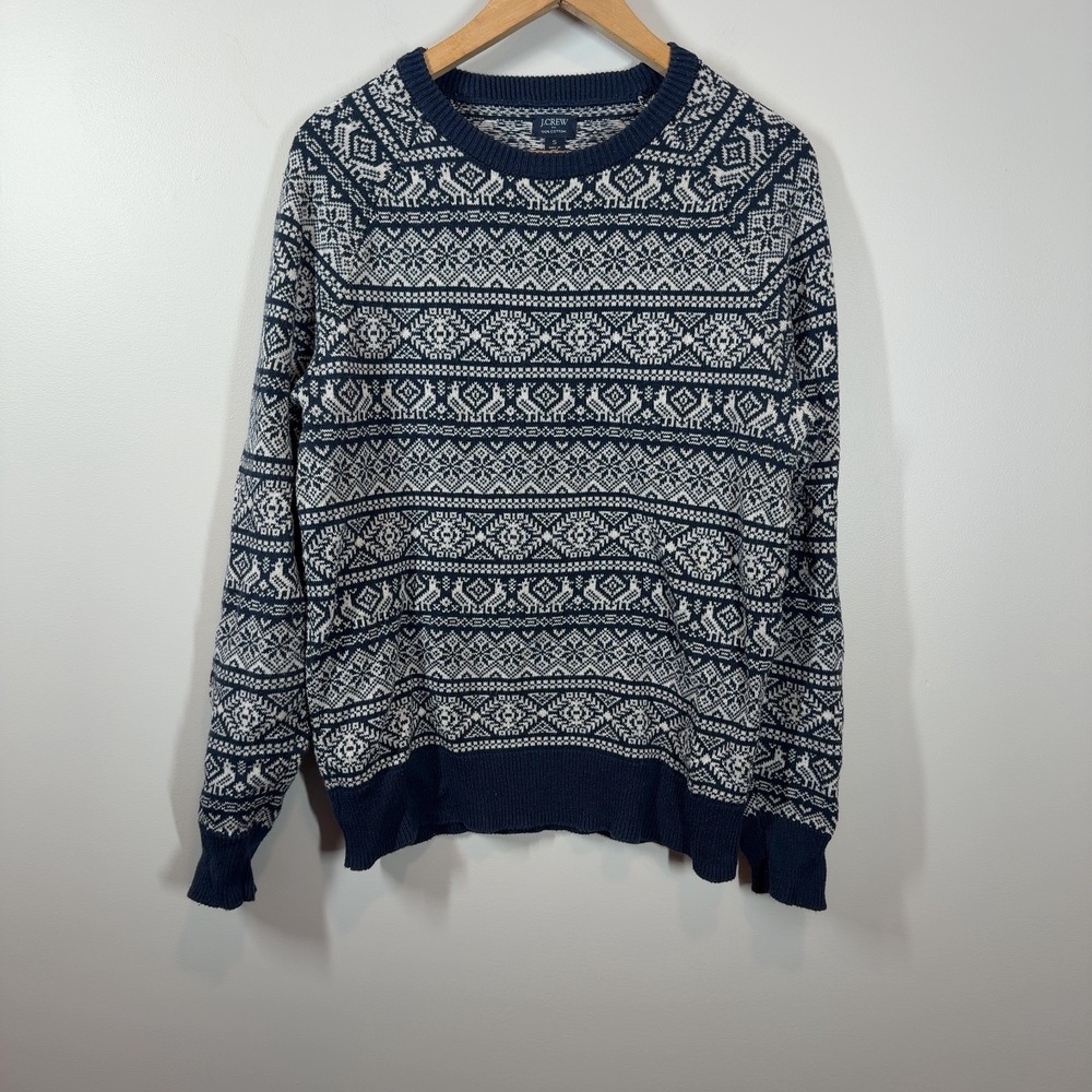 J.Crew Men's Fair Isle Cotton Sweater Navy Blue White Bird AT463 Size Small